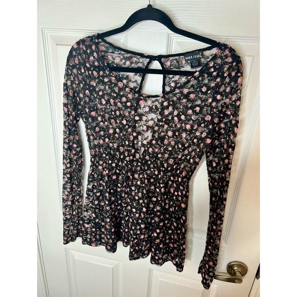 Wet Seal Y2K Black Floral Open Back Blouse See Through Top Whimsygoth Large L - Picture 8 of 9